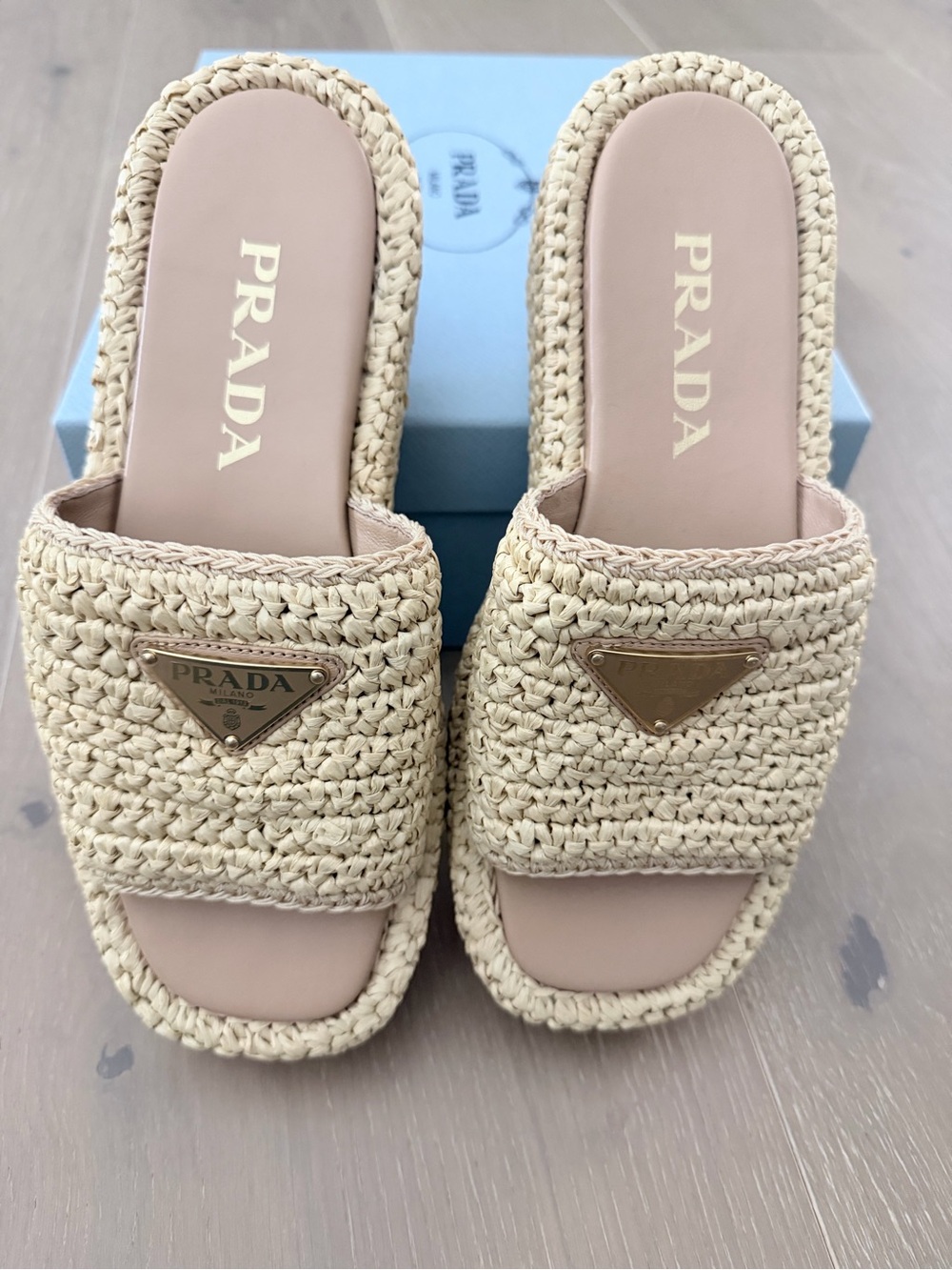 Prada Cream Raffia Slide Espadrilles with Blush Insole